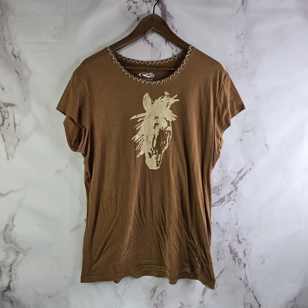 Roper T Shirt Womens XL Brown Horse T Tee Short Sleeve Western Embroidered